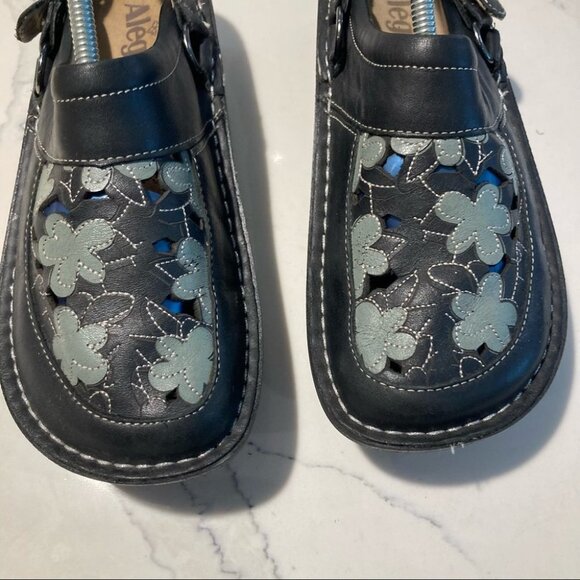ALEGRIA Sz 36 PG Lite Slide Clog Slingback Black Teal/Gray Floral Cutout Sandals - Picture 3 of 12